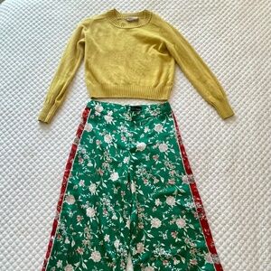 Lucy Paris silky pants with yellow Everlane cashmere crew sweater